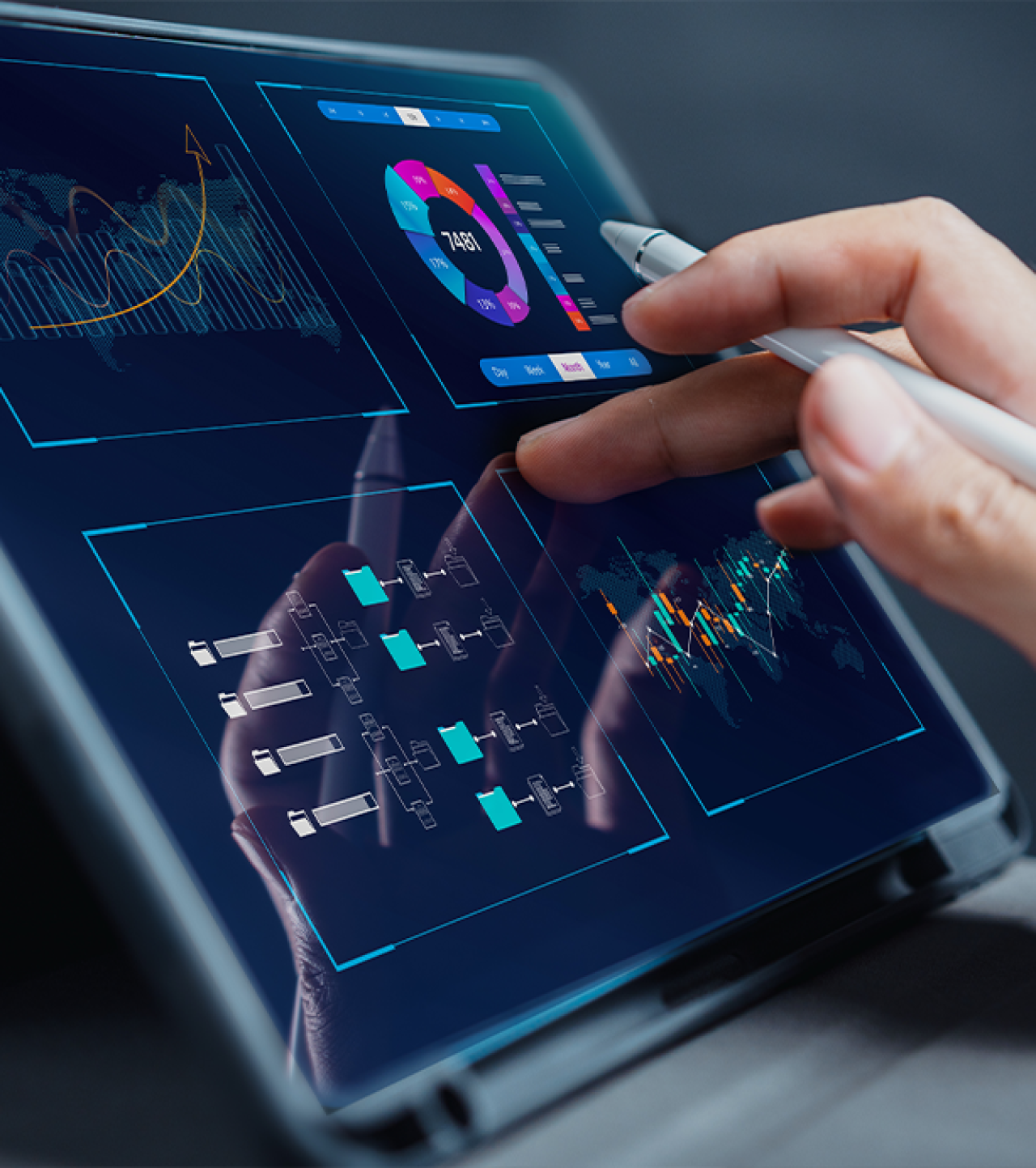 Financial charts on a tablet.