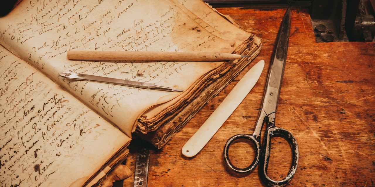 Old book and bookbinders tools.