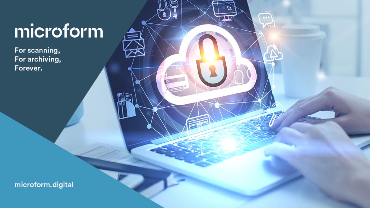 Microform Branding - Hands on laptop with secure cloud overlay.
